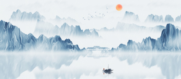 中国风蓝色水墨山水画