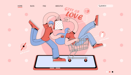 矢量插画一对购物的情侣男孩推着坐在购物车