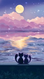 海边看月亮的猫咪 唯美情人节