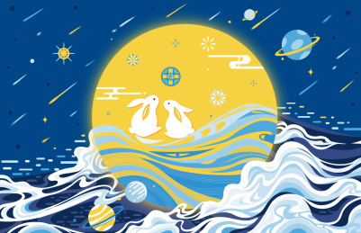 中秋两只兔子团聚赏月