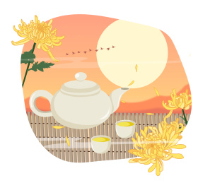 重阳节夕阳下菊花茶的山水矢量插画