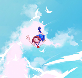 空中向飞鸟打招呼的女孩