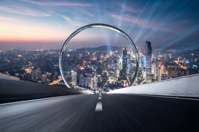 中国广州道路路面与现代城市天际线