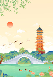 国潮风江苏扬州瘦西湖二十四桥矢量插画