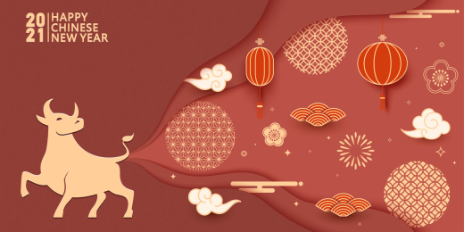 牛年矢量插画，红灯笼和中国传统纹理图案