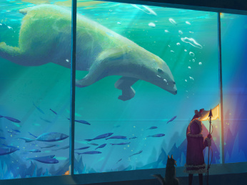 一个因纽特人带着狗在水族馆