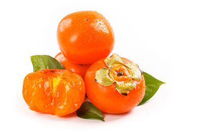 白底上放着柿子和掰开的柿子果肉