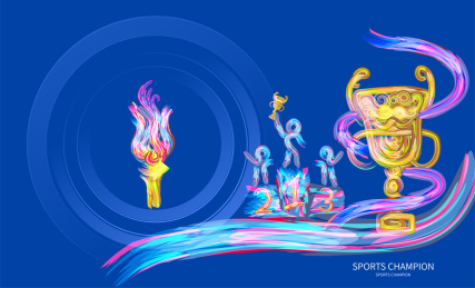 冠军运动员在奖台上高举奖杯插画