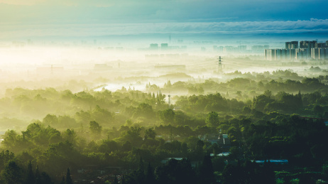 日出清晨森林河流建筑晨雾