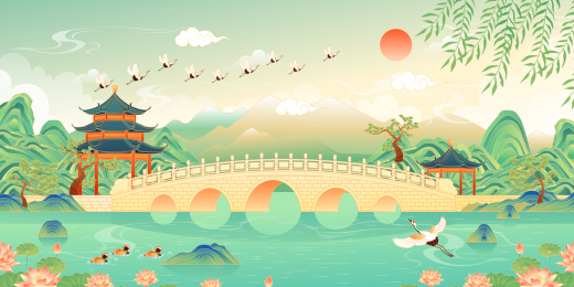 中国云南丽江黑龙潭公园矢量插画