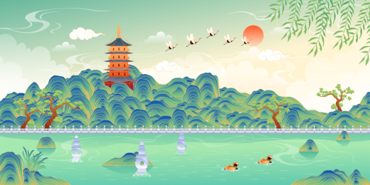 杭州西湖美丽的风景矢量插画