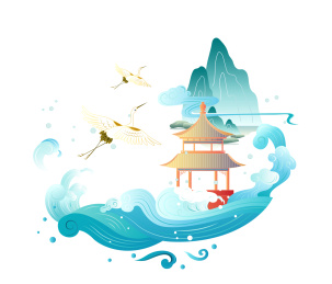中国风山水与仙鹤