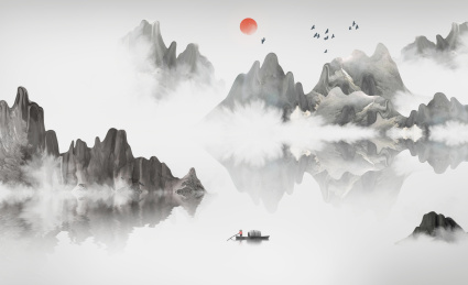 手绘中国风意境抽象山水风景画