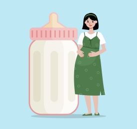 一位穿连衣裙的孕妇和一个巨大的奶瓶 矢量
