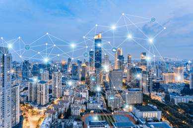 中国江苏南京天际线夜景和互联大数据概念