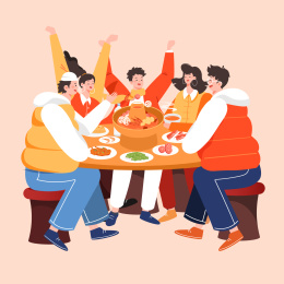 朋友吃火锅庆祝矢量插画
