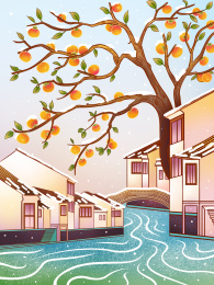 国风水乡古镇立冬节气插画