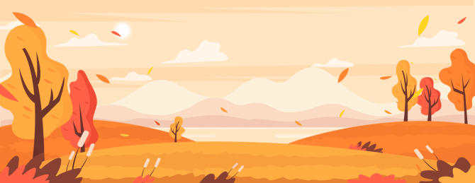 秋天立秋天空飘着落叶的草原树林矢量风景