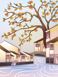 国风水乡古镇立冬节气插画