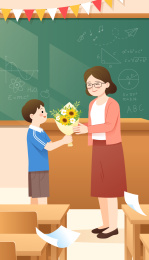 教室里一名学生向老师献花