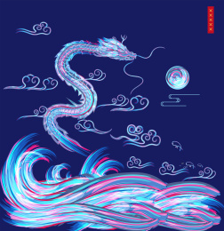 龙从海面飞起到天空上缠绕太阳，鱼跳出水面