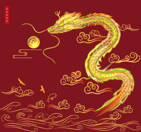 龙从海面飞起到天空上缠绕太阳，鱼跳出水面