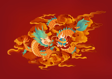 喜庆龙纹祥云国潮图案，红色背景