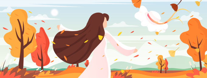 看秋天风景的女孩的矢量风景插画