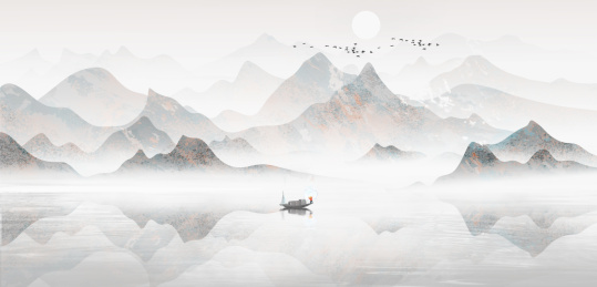 手绘中国风意境水墨山水风景画
