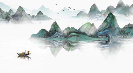 手绘中式水墨山水画