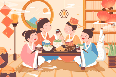 中秋节古代家人团圆吃饭矢量插画