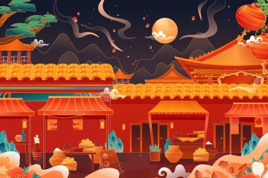 夜晚的古城集市矢量插画