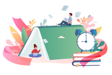 人物在打开的书本植物前的阅读学习矢量图