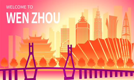 中国浙江省温州市城市天际线渐变矢量插画