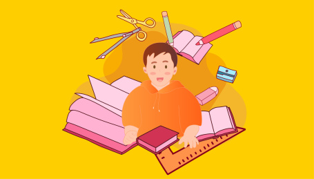 看书的男孩身边围绕着各种文具矢量插画海报