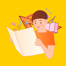 看书的男孩身边围绕着各种文具矢量插画海报