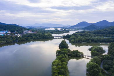 中国浙江杭州湘湖风景航拍