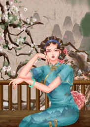 复古牡丹旗袍民国风情女人商业插画