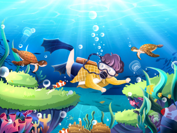 背着氧气瓶在深海潜水被鱼群围绕的男孩