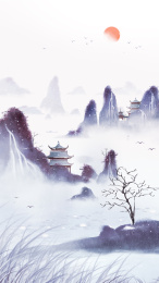 冬季中国风水墨山水风景画