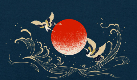 复古水波纹和仙鹤 国风浮世绘插画