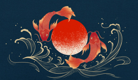 两只红色锦鲤跃出海面国风浮世绘插画