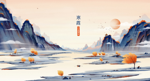 寒露中国风水墨山水插画横版
