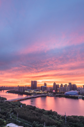 晚霞中的沈阳浑河北岸金廊地标CBD建筑群