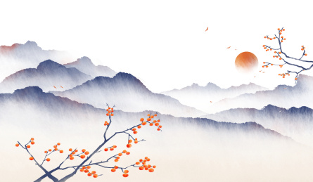 柿子树水墨山水插画国风绘画