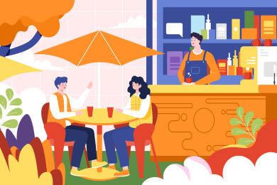 奶茶店情侣约会矢量插画