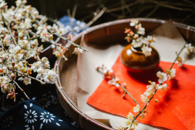 桌上放着许多白梅花，还有一只小花瓶