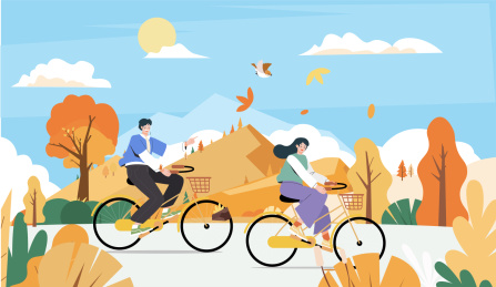 一个男孩和女孩在秋天公园骑行