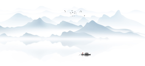 手绘蓝色山水画