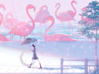 少女走在街道遇见火烈鸟